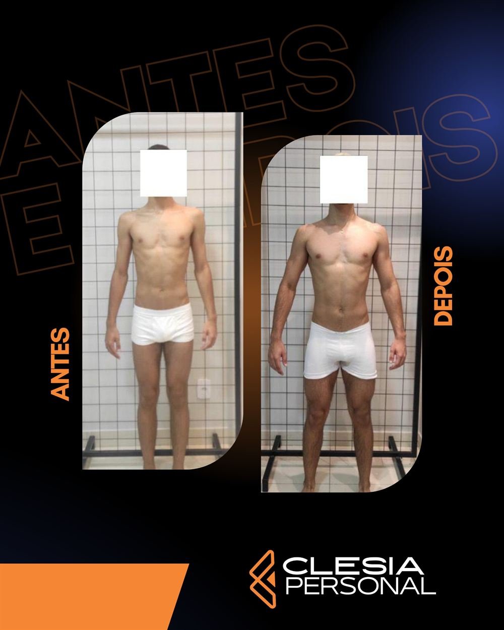 Antes e depois do aluno Felipe, com resultado de treino na Clésia Personal